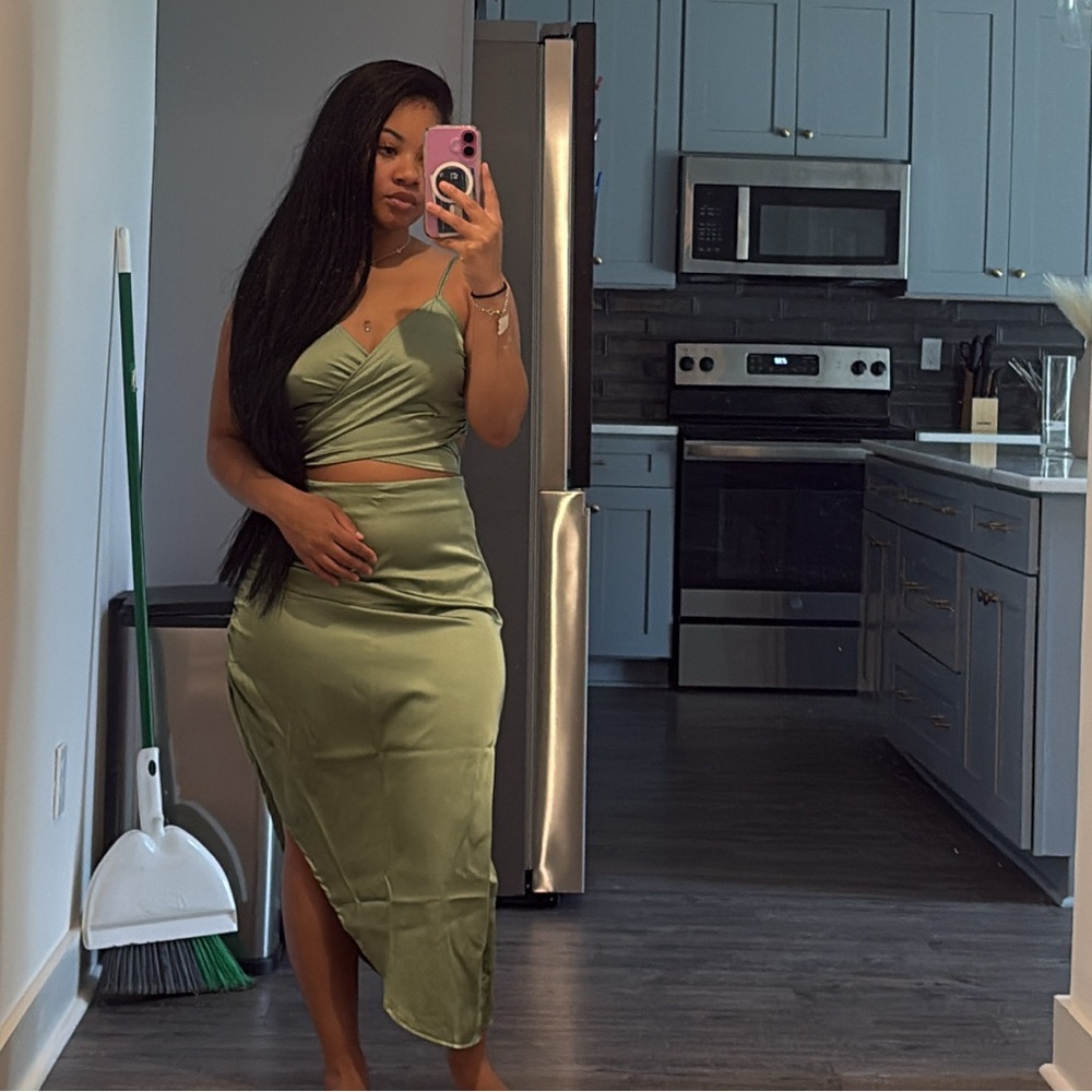 Satin Green Skirt and Matching Crop Set